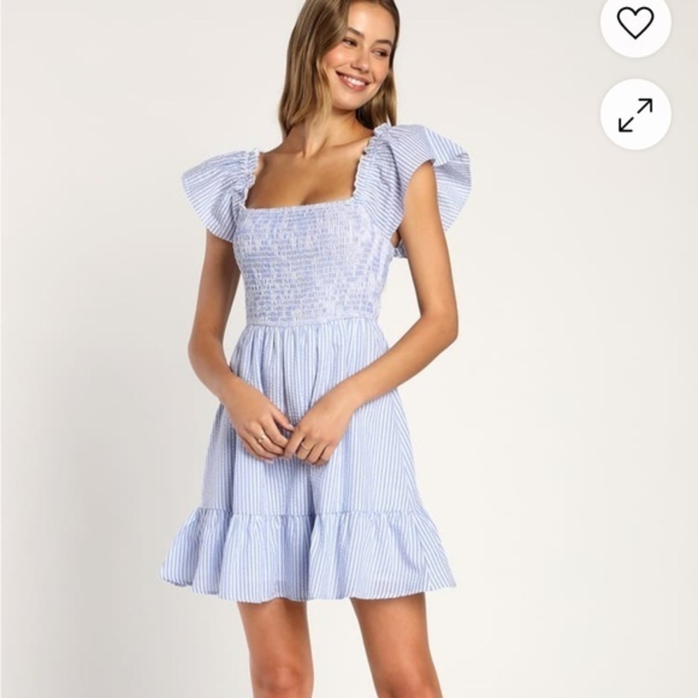 Lulus Seer Delight Blue Striped Smocked Ruffled Mini Dress - L